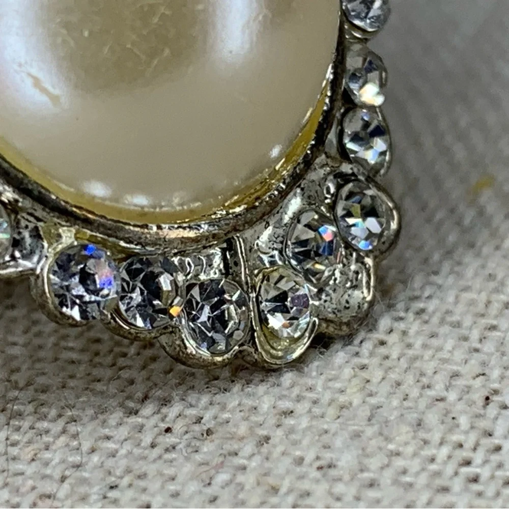 Vintage Adjustable Cocktail Ring Silver Faux Pearl Rhinestones
